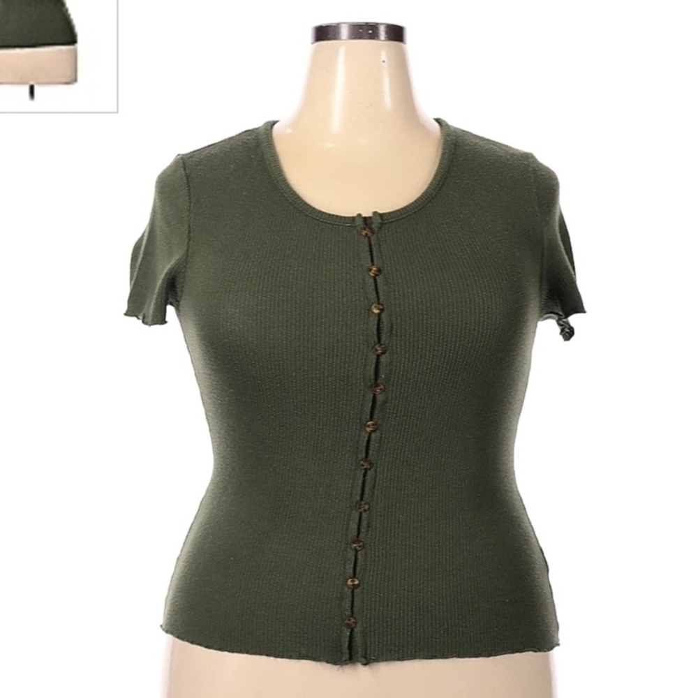 Nobo Green Button Up Short Sleeve Ribbed Top Lettuce Sleeves Y2K Juniors XXL EUC
